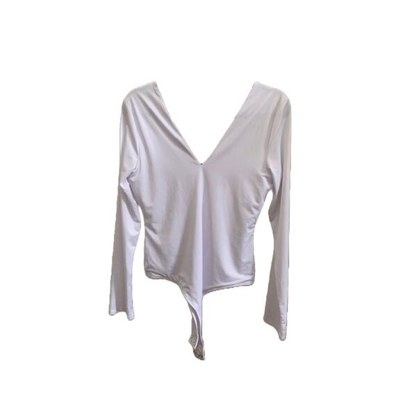 Urban Social-Long Sleeve-Double-V-Bodysuit-Poly-Blend-White-Women-L - Picture 2 of 4